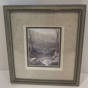 Rustic Wood Framed Vintage Print Winter Forest Stream Scene Mountain